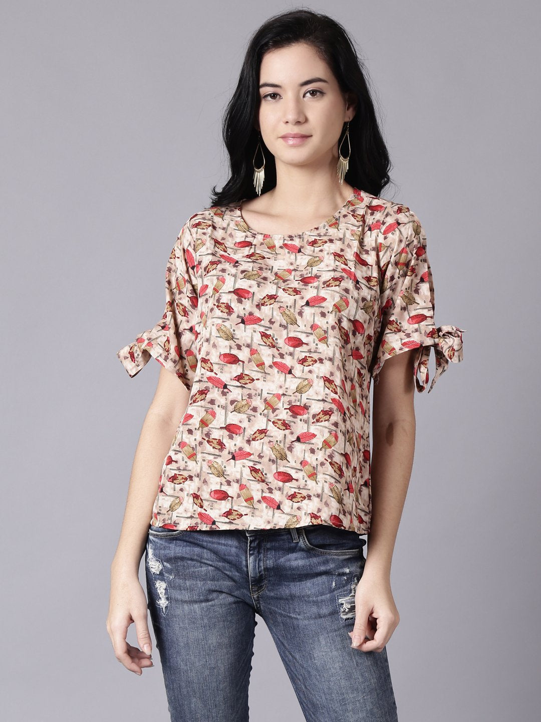 Women Beige Casual Printed Round Neck Top | LASVINI - Redefining Indian Fashion with Elegance