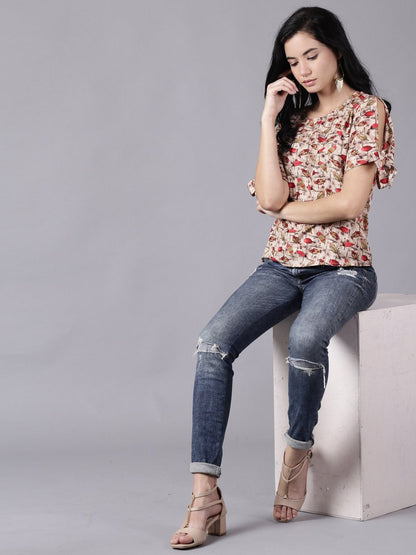 Women Beige Casual Printed Round Neck Top | LASVINI - Redefining Indian Fashion with Elegance