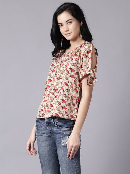 Women Beige Casual Printed Round Neck Top | LASVINI - Redefining Indian Fashion with Elegance
