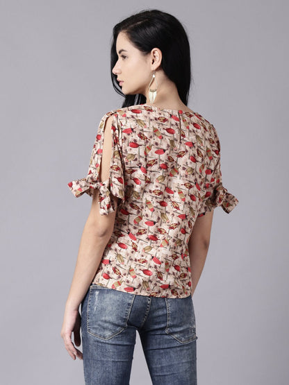 Women Beige Casual Printed Round Neck Top | LASVINI - Redefining Indian Fashion with Elegance