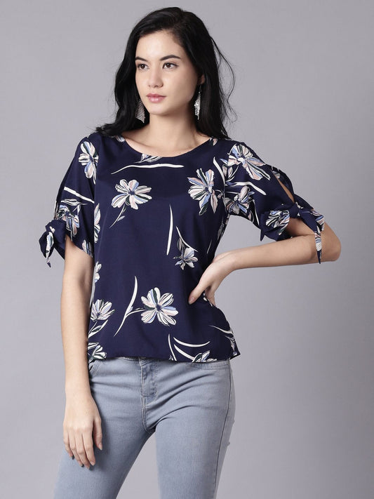 Women Navy Blue Casual Printed Round Neck Top | LASVINI - Redefining Indian Fashion with Elegance