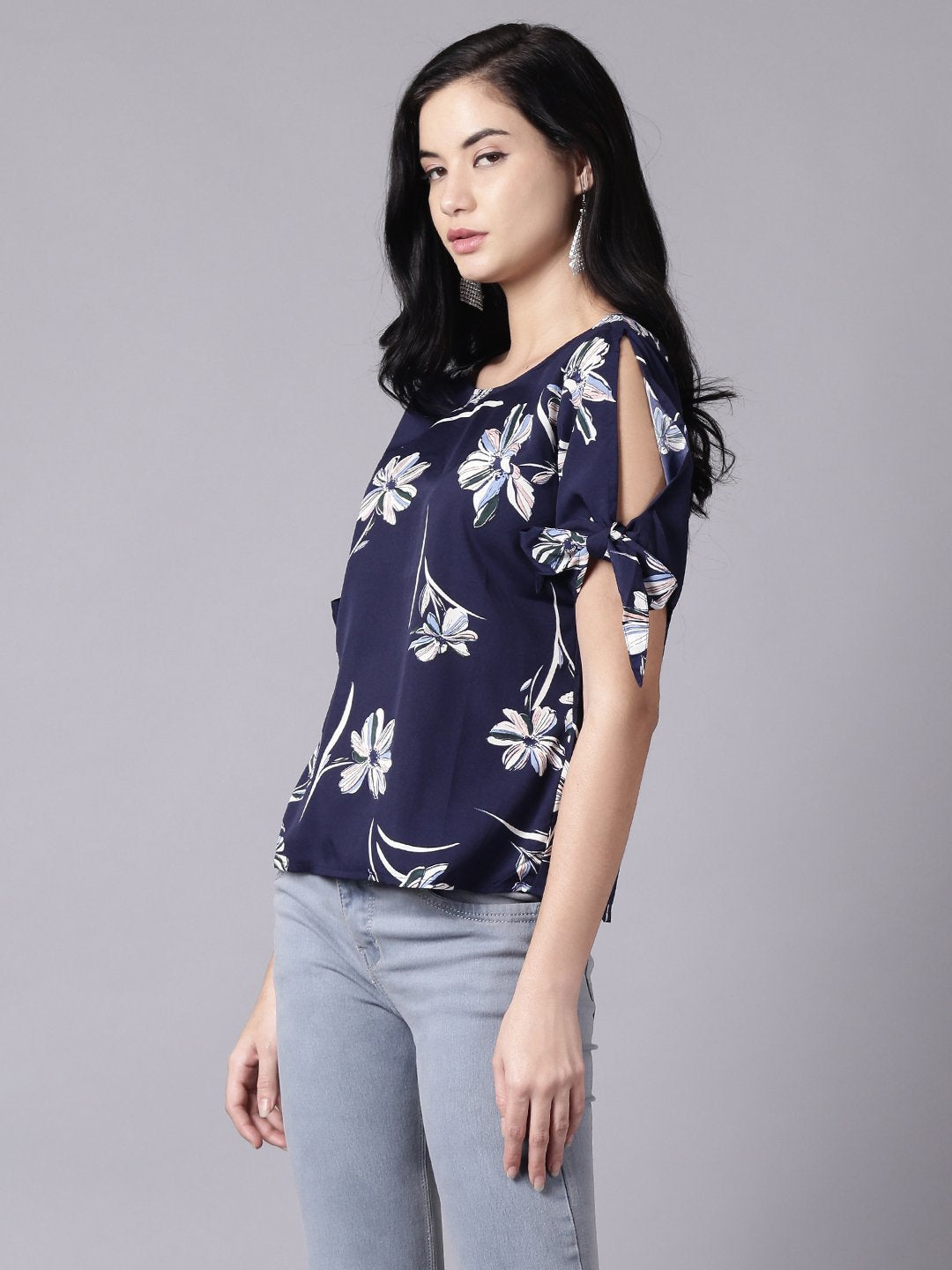 Women Navy Blue Casual Printed Round Neck Top | LASVINI - Redefining Indian Fashion with Elegance