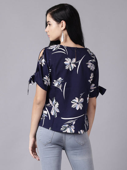 Women Navy Blue Casual Printed Round Neck Top | LASVINI - Redefining Indian Fashion with Elegance
