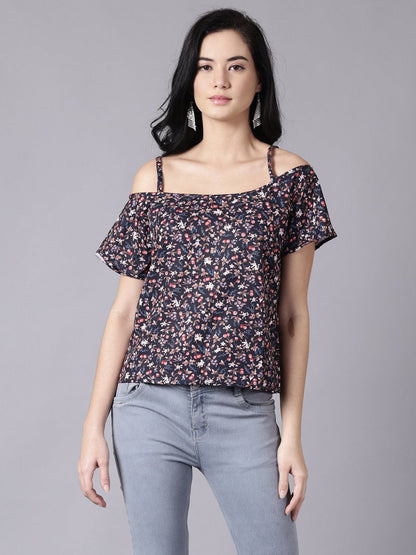Women Navy Blue Casual Printed Shoulder Straps Top | LASVINI - Redefining Indian Fashion with Elegance
