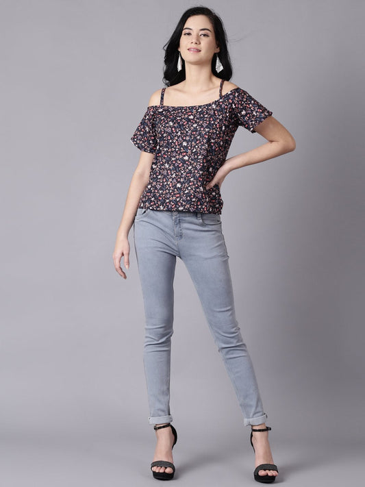 Women Navy Blue Casual Printed Shoulder Straps Top | LASVINI - Redefining Indian Fashion with Elegance