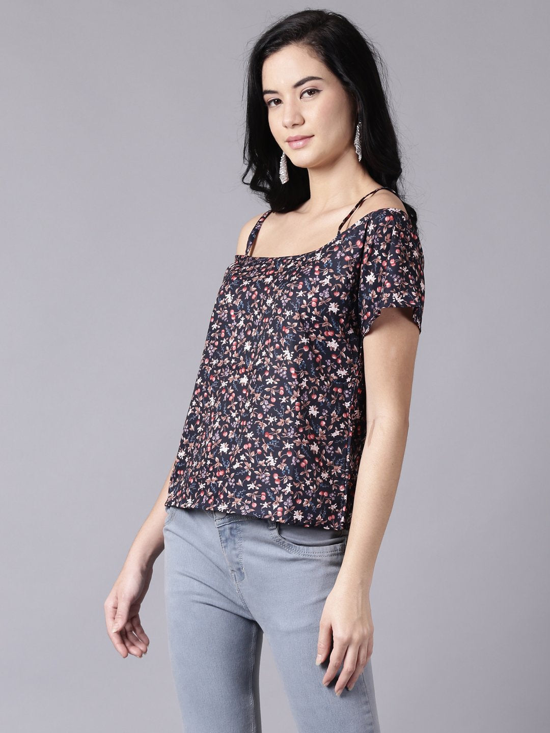 Women Navy Blue Casual Printed Shoulder Straps Top | LASVINI - Redefining Indian Fashion with Elegance