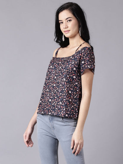 Women Navy Blue Casual Printed Shoulder Straps Top | LASVINI - Redefining Indian Fashion with Elegance