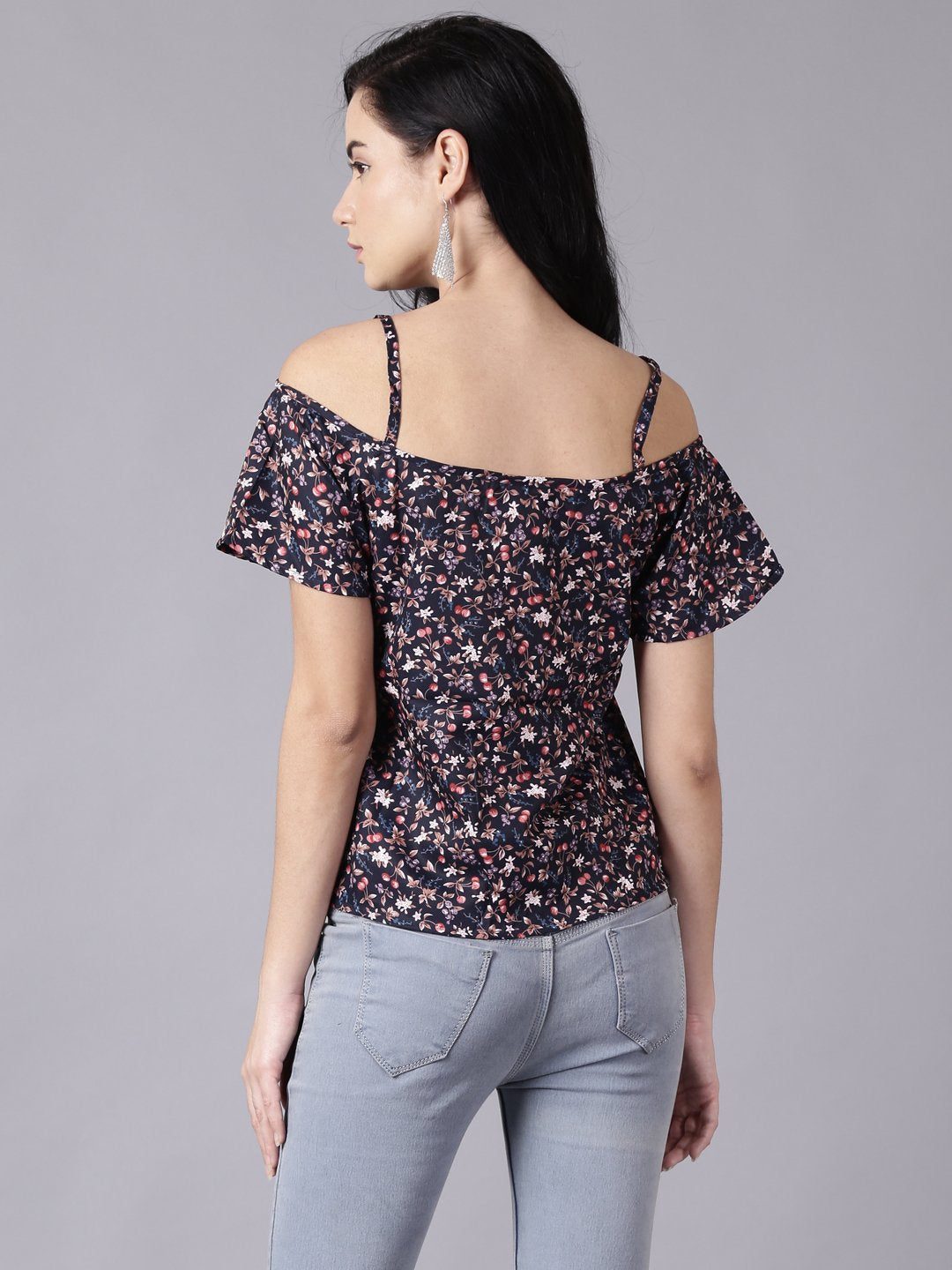 Women Navy Blue Casual Printed Shoulder Straps Top | LASVINI - Redefining Indian Fashion with Elegance