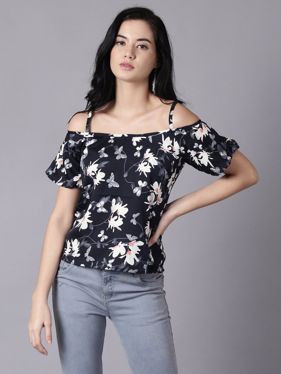 Women Navy Blue Casual Printed Shoulder Straps Top | LASVINI - Redefining Indian Fashion with Elegance