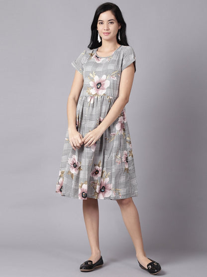 Women Black Floral Printed Round Neck A-Line Dress | LASVINI - Redefining Indian Fashion with Elegance