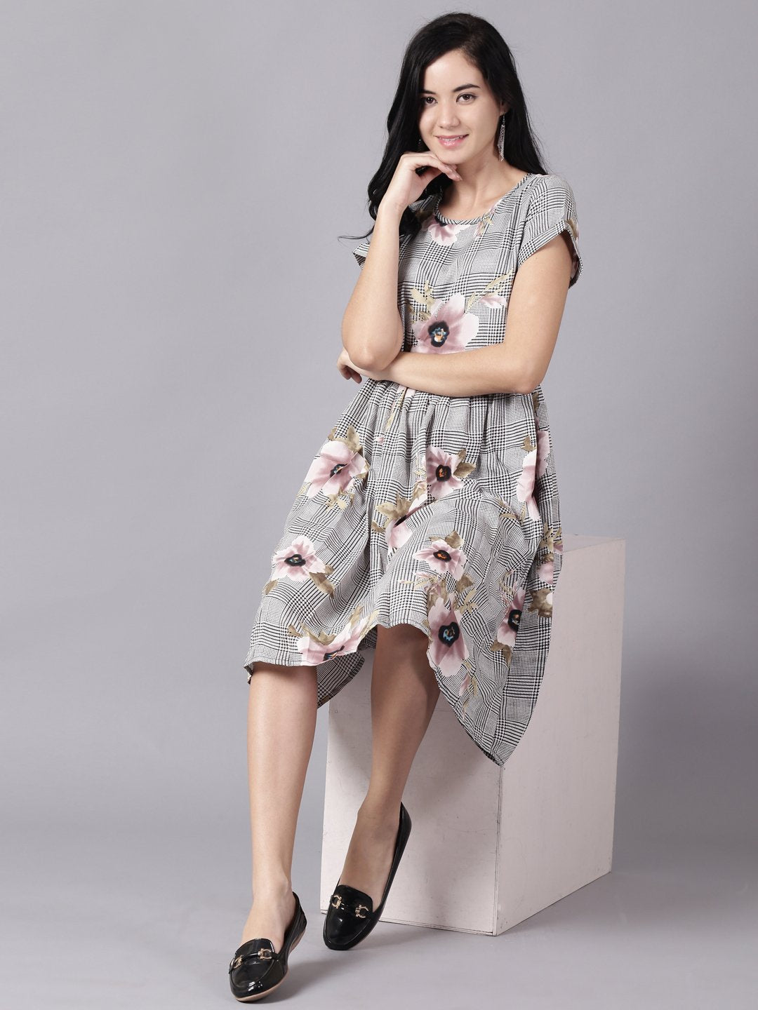 Women Black Floral Printed Round Neck A-Line Dress | LASVINI - Redefining Indian Fashion with Elegance