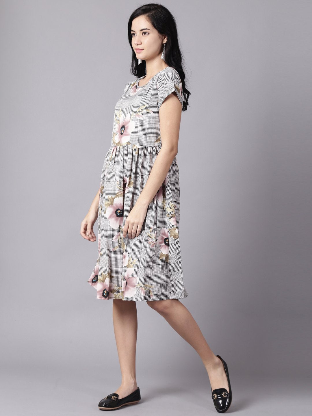 Women Black Floral Printed Round Neck A-Line Dress | LASVINI - Redefining Indian Fashion with Elegance