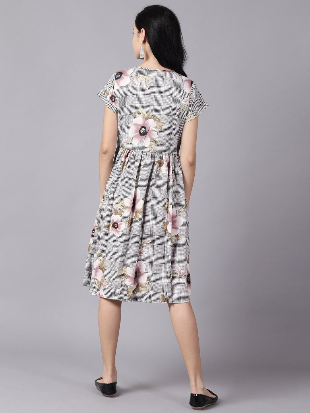 Women Black Floral Printed Round Neck A-Line Dress | LASVINI - Redefining Indian Fashion with Elegance