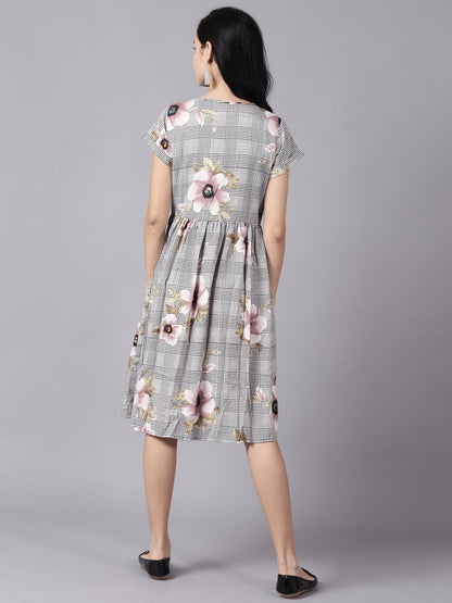 Women Black Floral Printed Round Neck A-Line Dress | LASVINI - Redefining Indian Fashion with Elegance