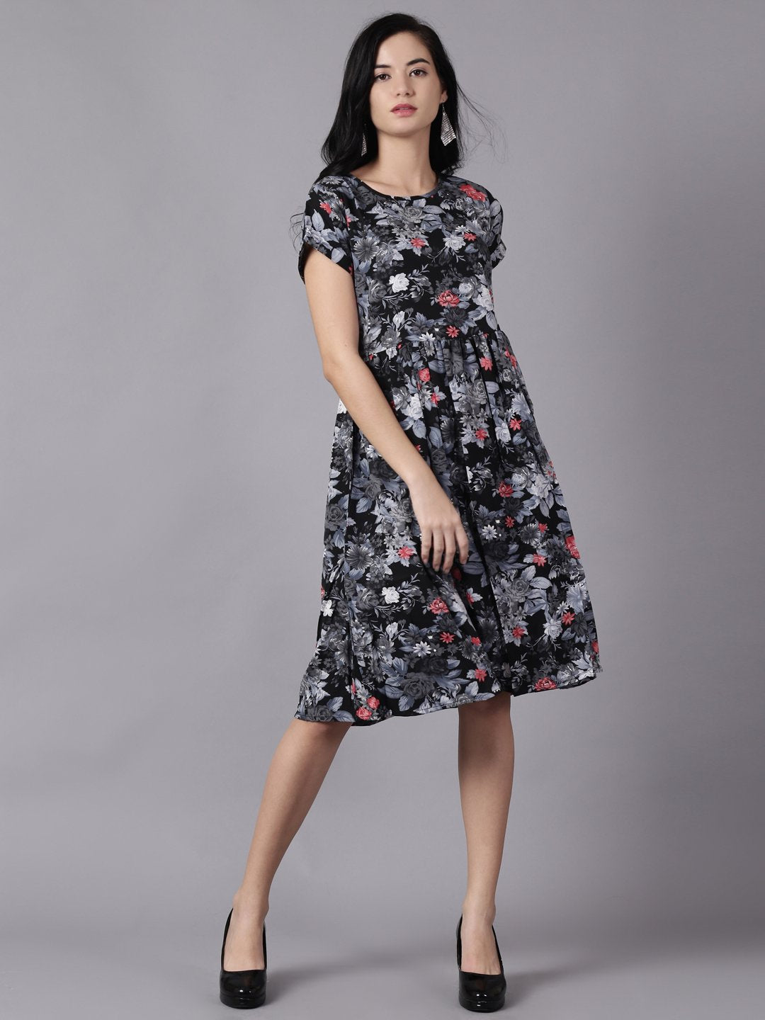 Women Black Floral Printed Round Neck A-Line Dress | LASVINI - Redefining Indian Fashion with Elegance