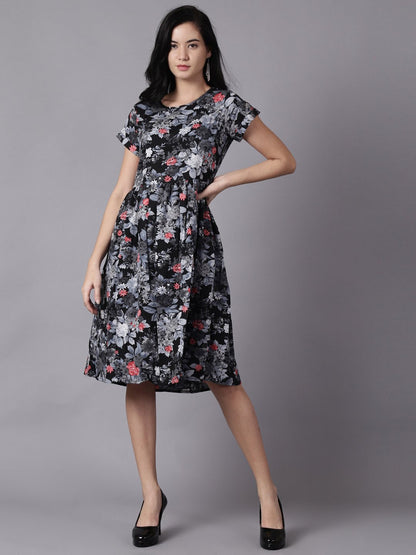 Women Black Floral Printed Round Neck A-Line Dress | LASVINI - Redefining Indian Fashion with Elegance