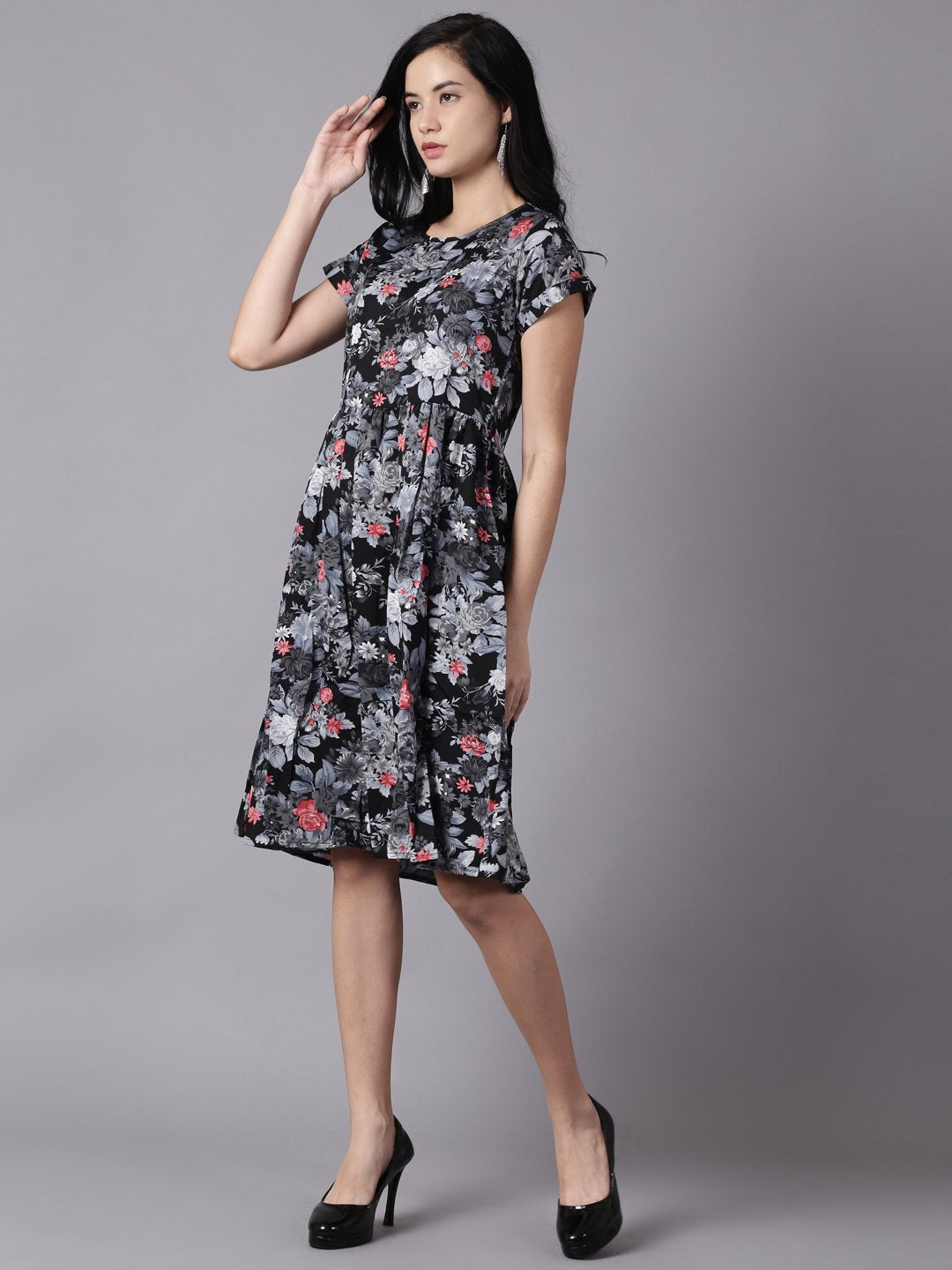 Women Black Floral Printed Round Neck A-Line Dress | LASVINI - Redefining Indian Fashion with Elegance