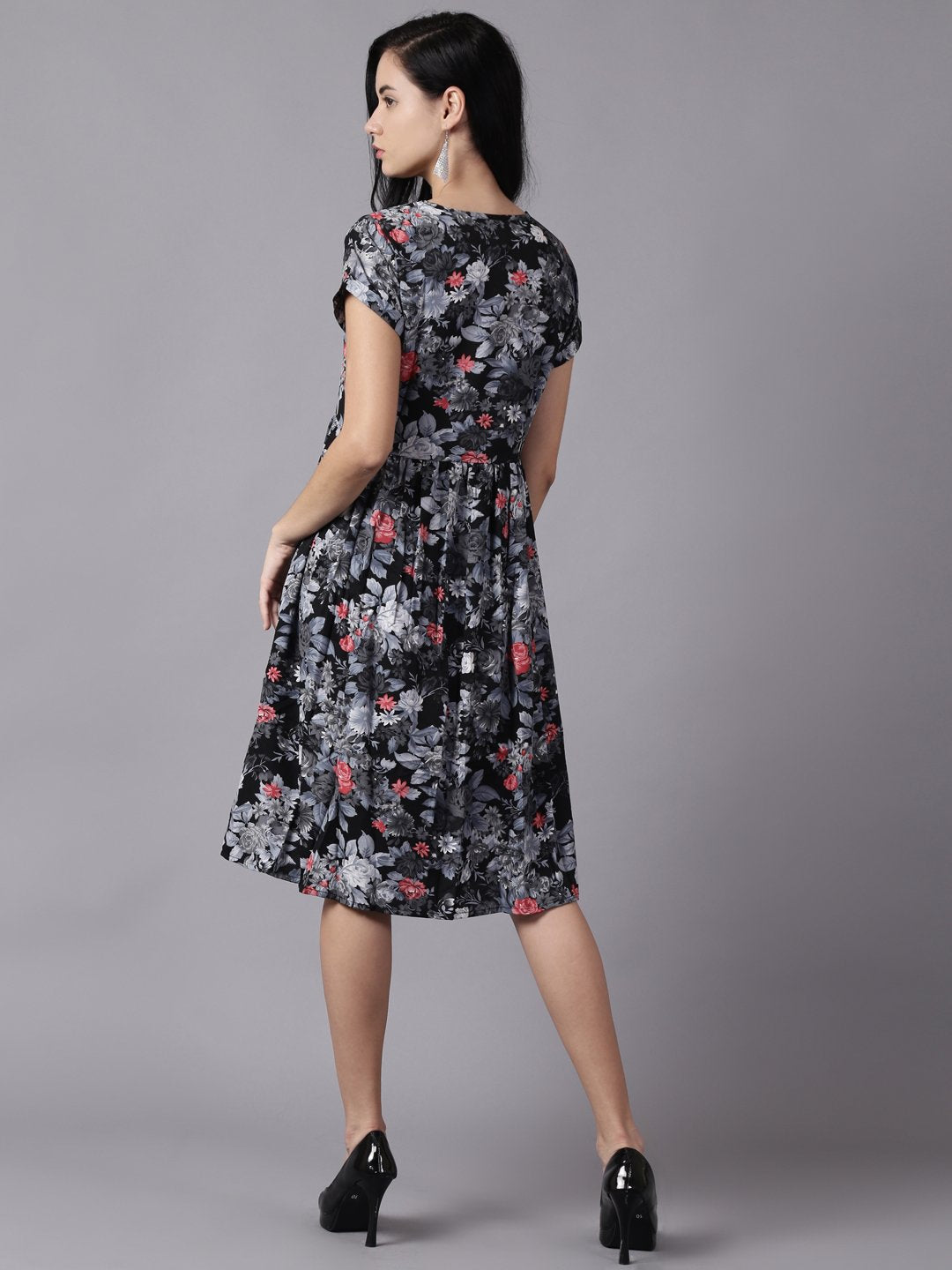 Women Black Floral Printed Round Neck A-Line Dress | LASVINI - Redefining Indian Fashion with Elegance