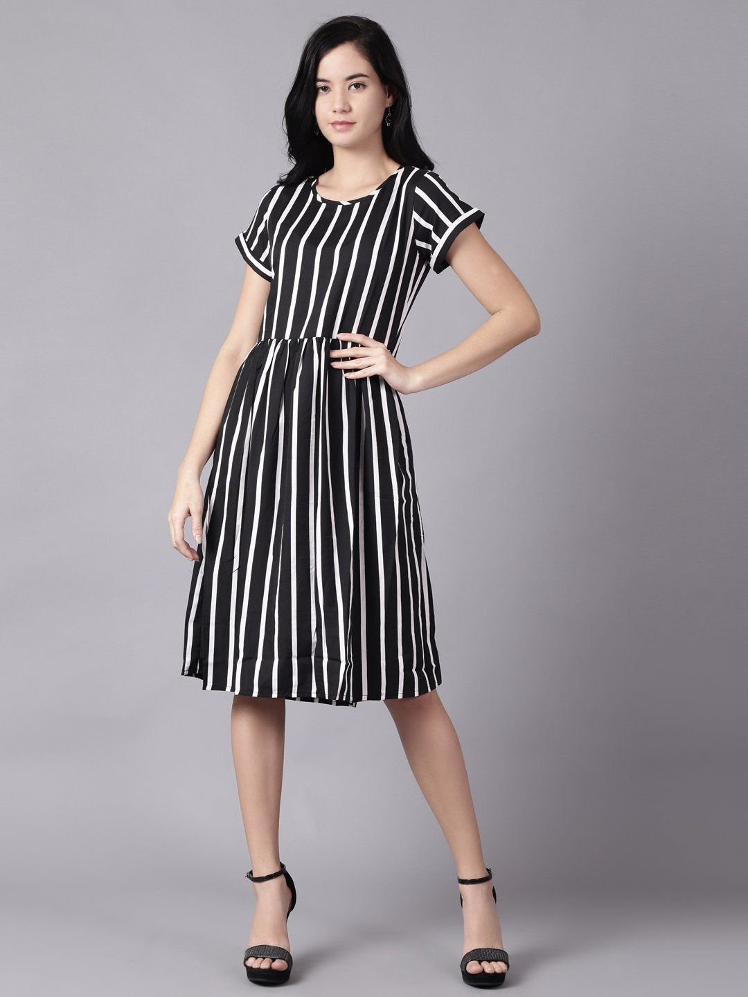 Women Black Striped Striped Round Neck A-Line Dress | LASVINI - Redefining Indian Fashion with Elegance
