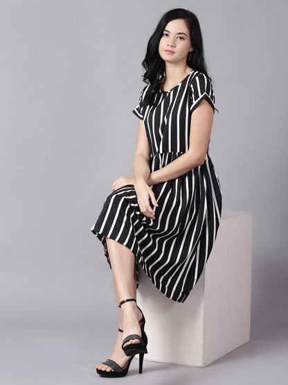 Women Black Striped Striped Round Neck A-Line Dress | LASVINI - Redefining Indian Fashion with Elegance