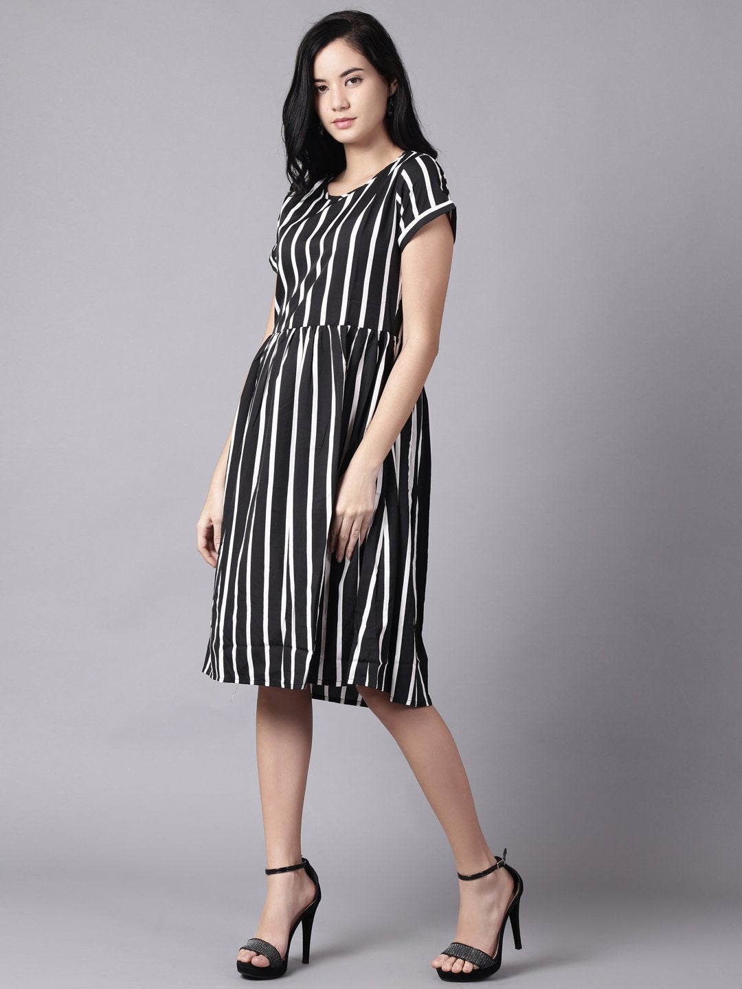Women Black Striped Striped Round Neck A-Line Dress | LASVINI - Redefining Indian Fashion with Elegance