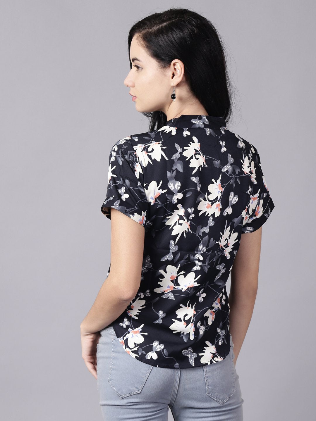 Women Navy Blue Casual Printed Mandarin Collar Top | LASVINI - Redefining Indian Fashion with Elegance