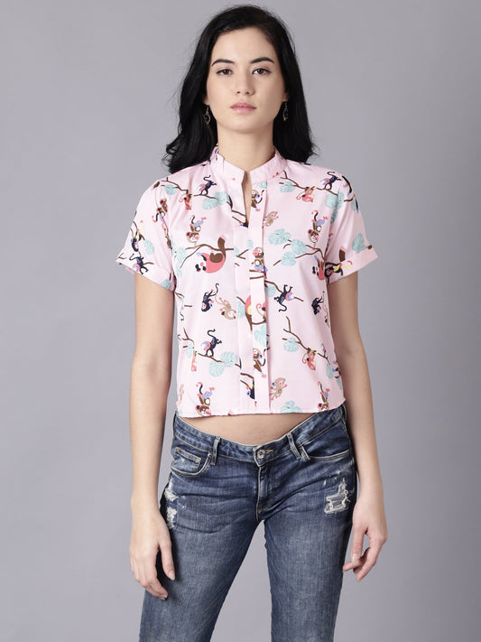 Women Baby Pink Casual Printed Mandarin Collar Top | LASVINI - Redefining Indian Fashion with Elegance