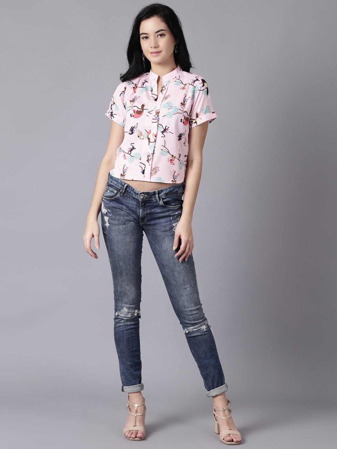 Women Baby Pink Casual Printed Mandarin Collar Top | LASVINI - Redefining Indian Fashion with Elegance