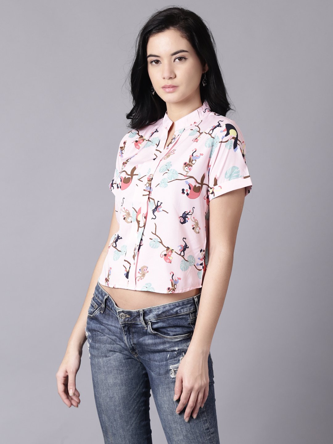 Women Baby Pink Casual Printed Mandarin Collar Top | LASVINI - Redefining Indian Fashion with Elegance