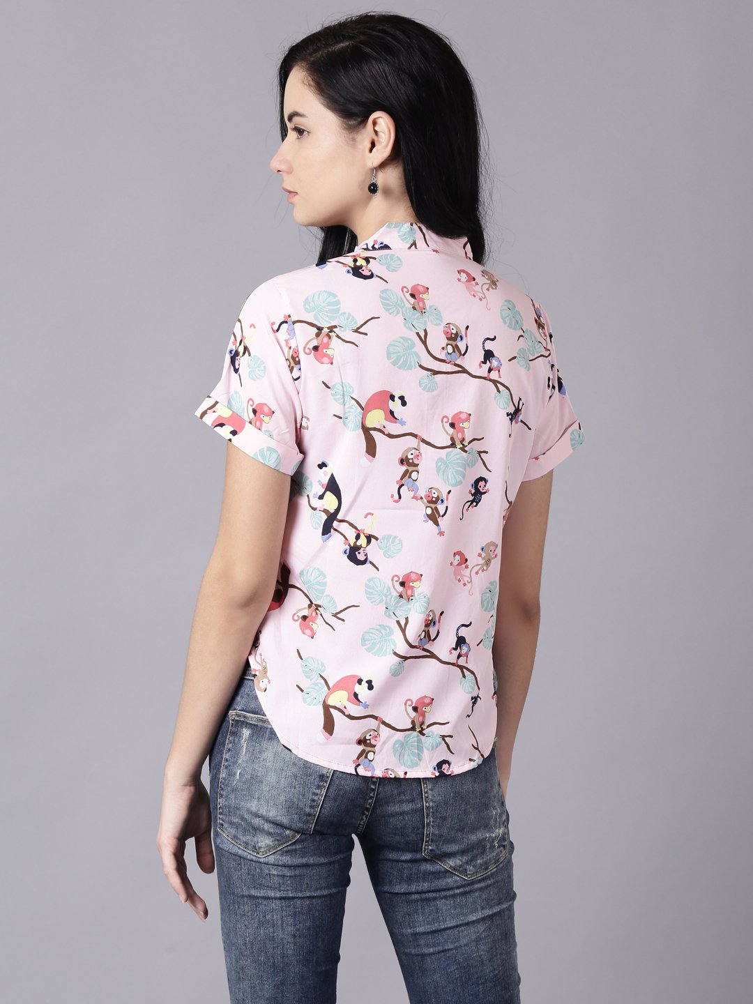Women Baby Pink Casual Printed Mandarin Collar Top | LASVINI - Redefining Indian Fashion with Elegance