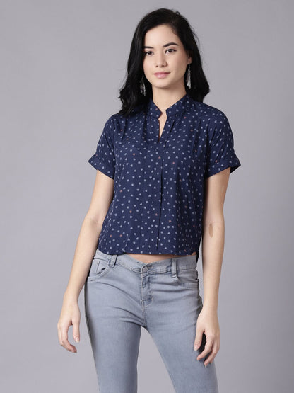 Women Ink Blue Casual Printed Mandarin Collar Top | LASVINI - Redefining Indian Fashion with Elegance