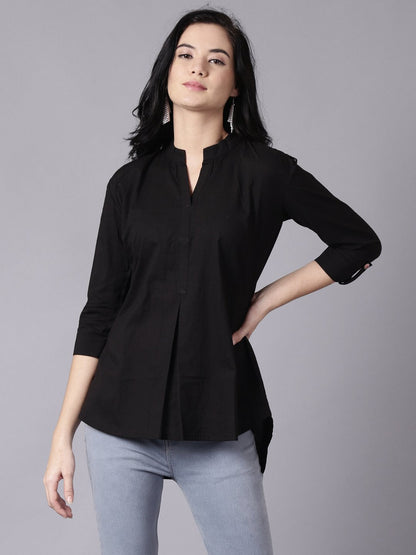 Women Black Casual Printed Mandarin Collar Top | LASVINI - Redefining Indian Fashion with Elegance