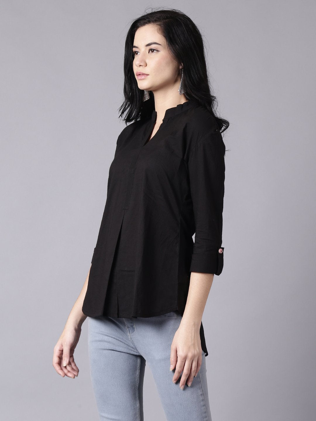 Women Black Casual Printed Mandarin Collar Top | LASVINI - Redefining Indian Fashion with Elegance