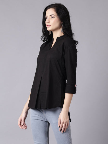 Women Black Casual Printed Mandarin Collar Top | LASVINI - Redefining Indian Fashion with Elegance