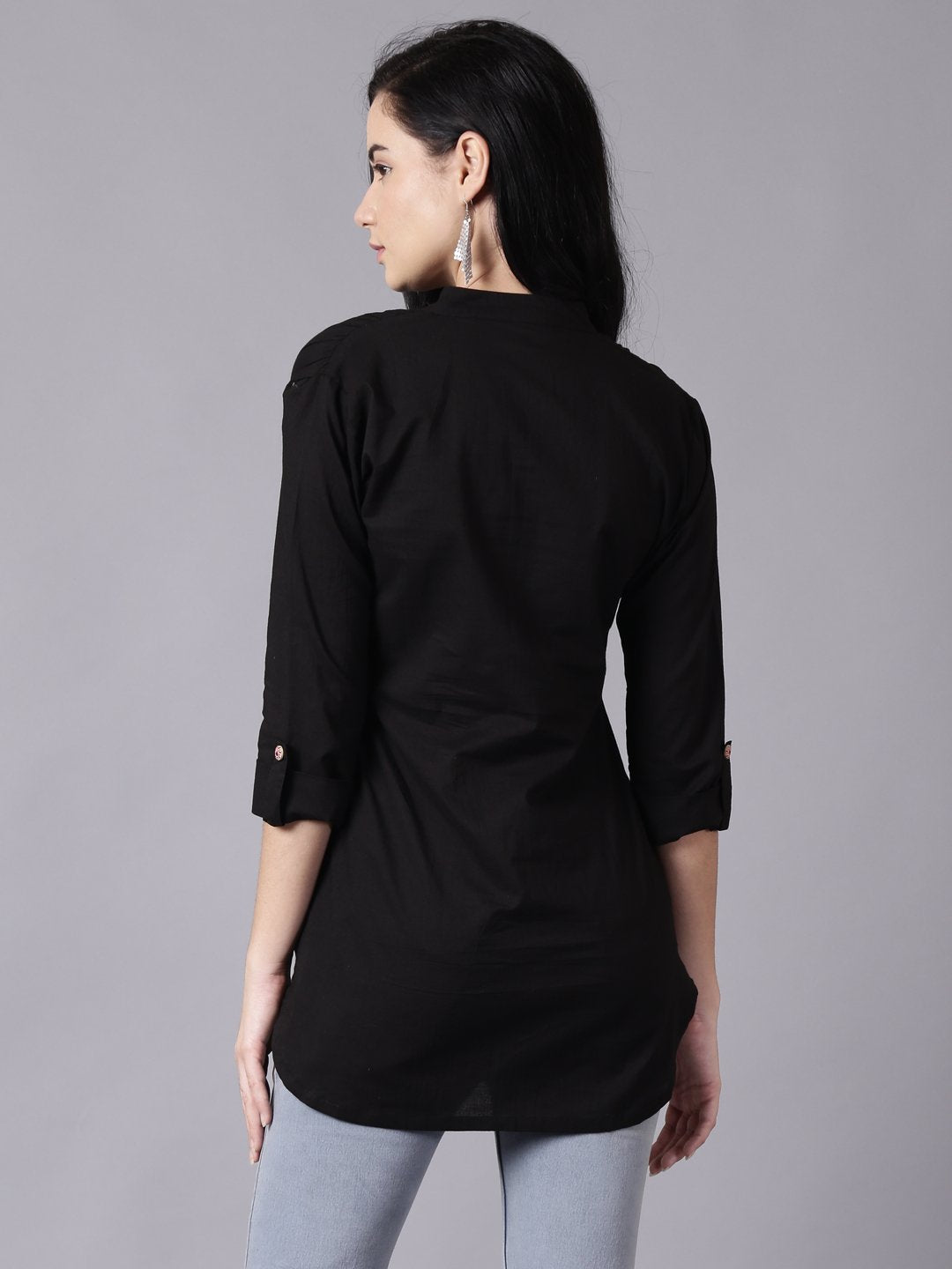 Women Black Casual Printed Mandarin Collar Top | LASVINI - Redefining Indian Fashion with Elegance