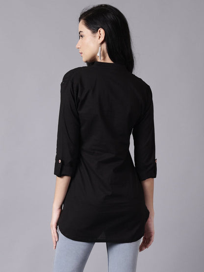 Women Black Casual Printed Mandarin Collar Top | LASVINI - Redefining Indian Fashion with Elegance