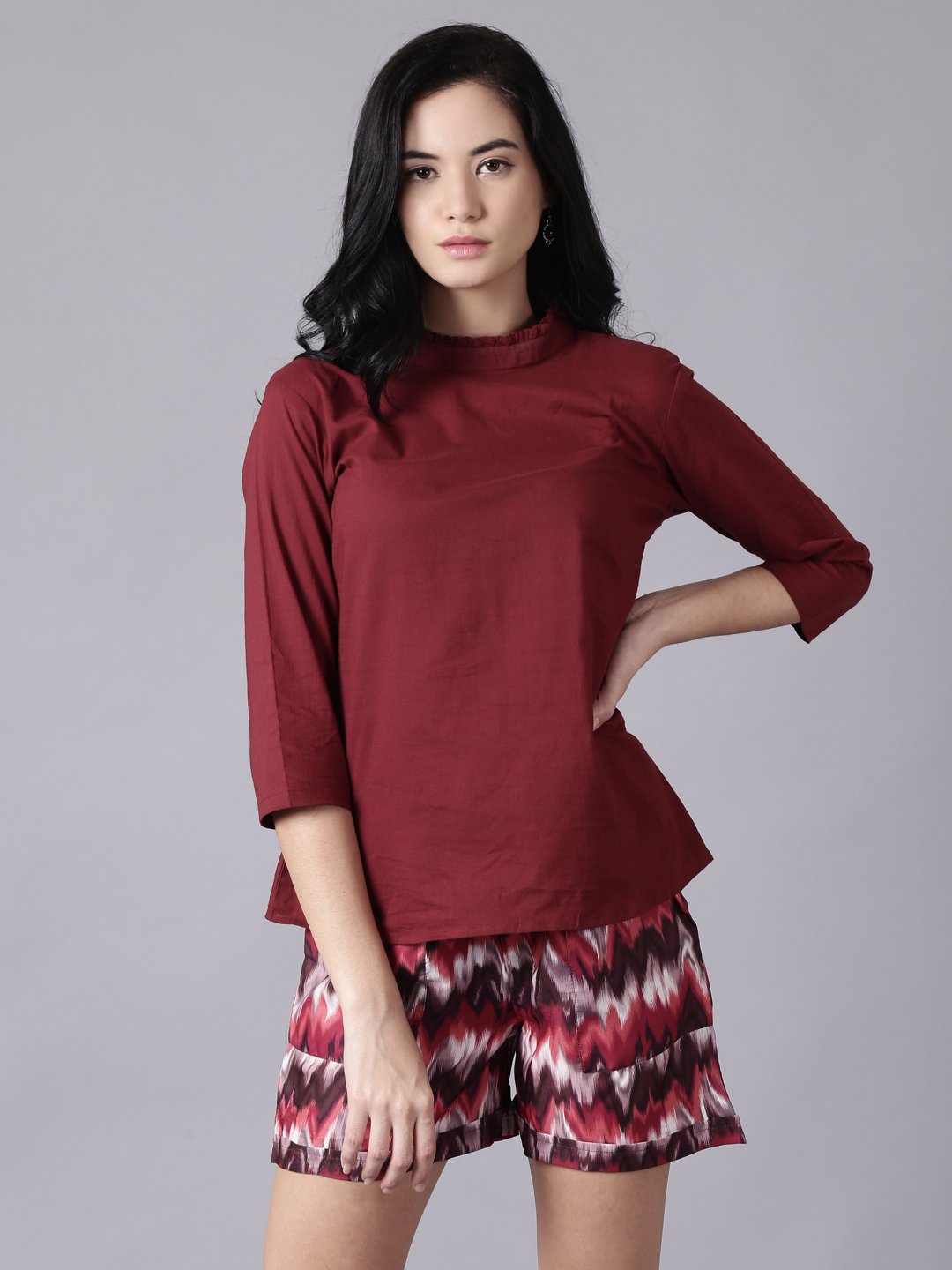Women Maroon Casual Printed High Neck Top | LASVINI - Redefining Indian Fashion with Elegance