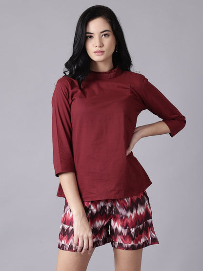 Women Maroon Casual Printed High Neck Top | LASVINI - Redefining Indian Fashion with Elegance