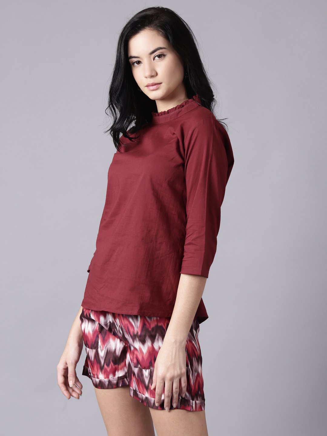 Women Maroon Casual Printed High Neck Top | LASVINI - Redefining Indian Fashion with Elegance