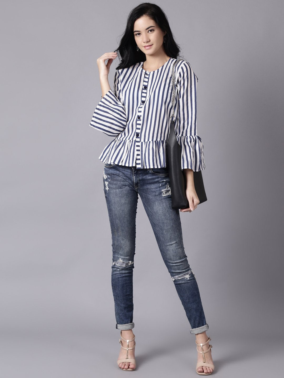 Women White Casual Striped Round Neck Top | LASVINI - Redefining Indian Fashion with Elegance