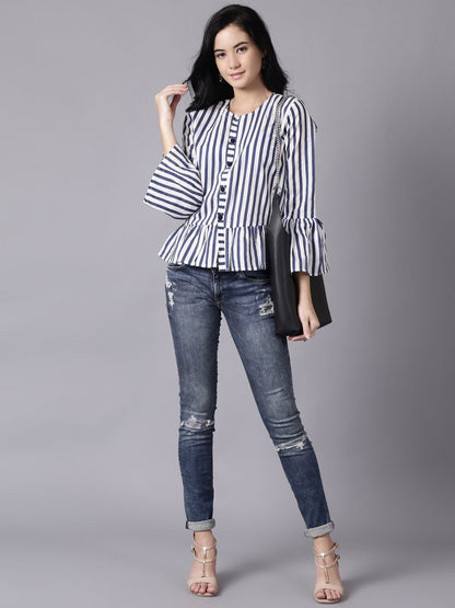 Women White Casual Striped Round Neck Top | LASVINI - Redefining Indian Fashion with Elegance