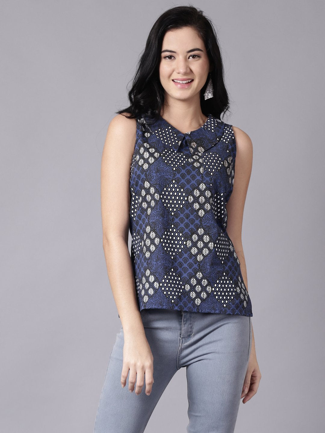 Women Navy Blue Casual Printed Peter Pan Collar Top | LASVINI - Redefining Indian Fashion with Elegance