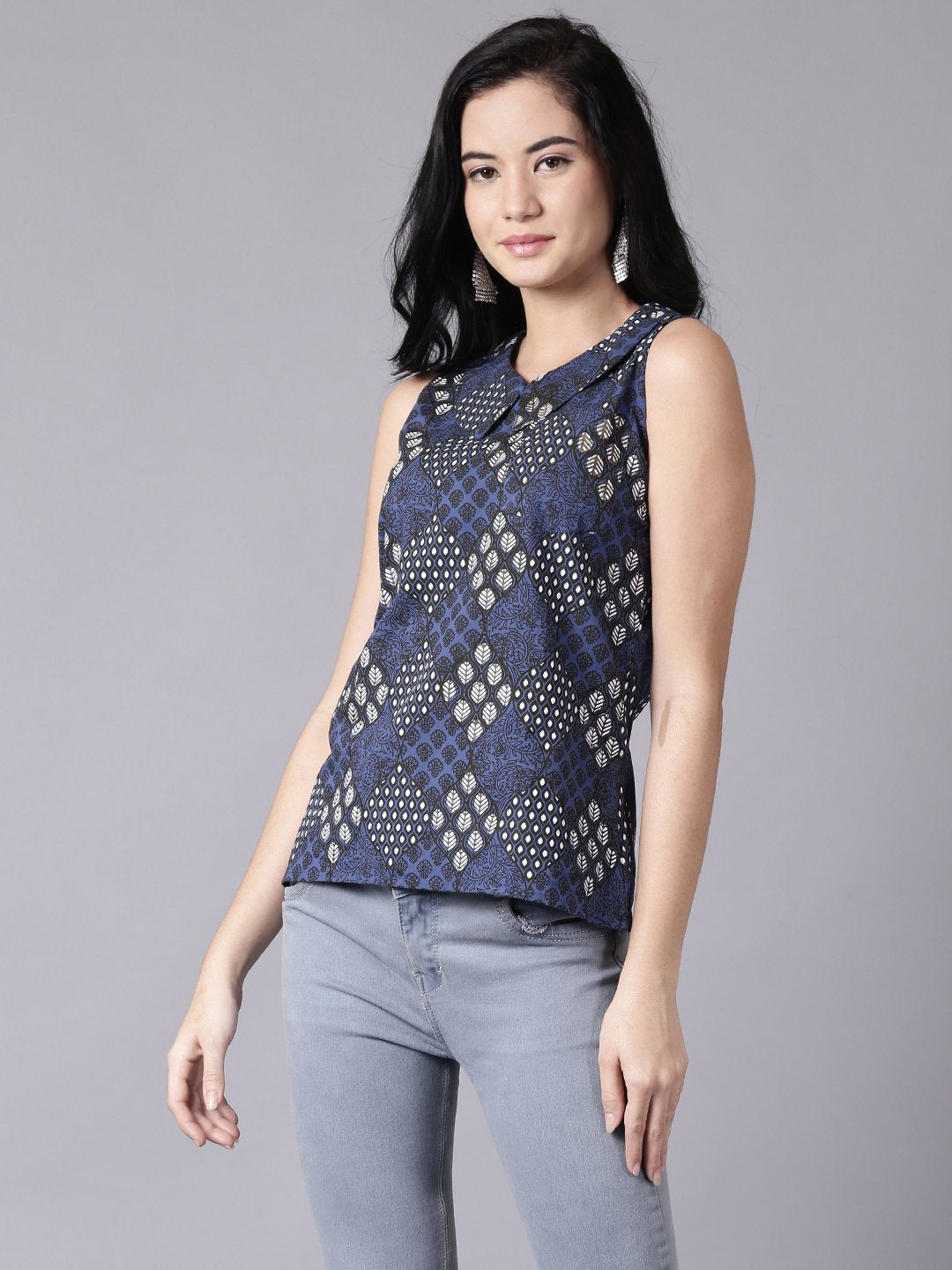 Women Navy Blue Casual Printed Peter Pan Collar Top | LASVINI - Redefining Indian Fashion with Elegance