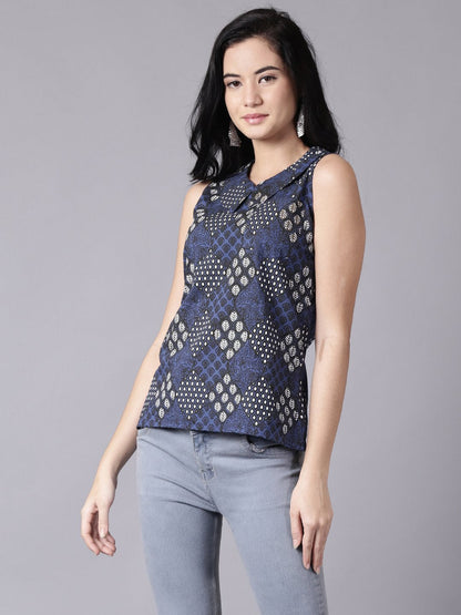 Women Navy Blue Casual Printed Peter Pan Collar Top | LASVINI - Redefining Indian Fashion with Elegance