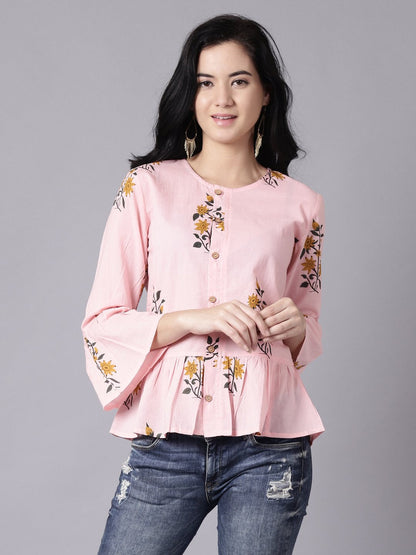 Women Baby Pink Casual Printed Round Neck Top | LASVINI - Redefining Indian Fashion with Elegance