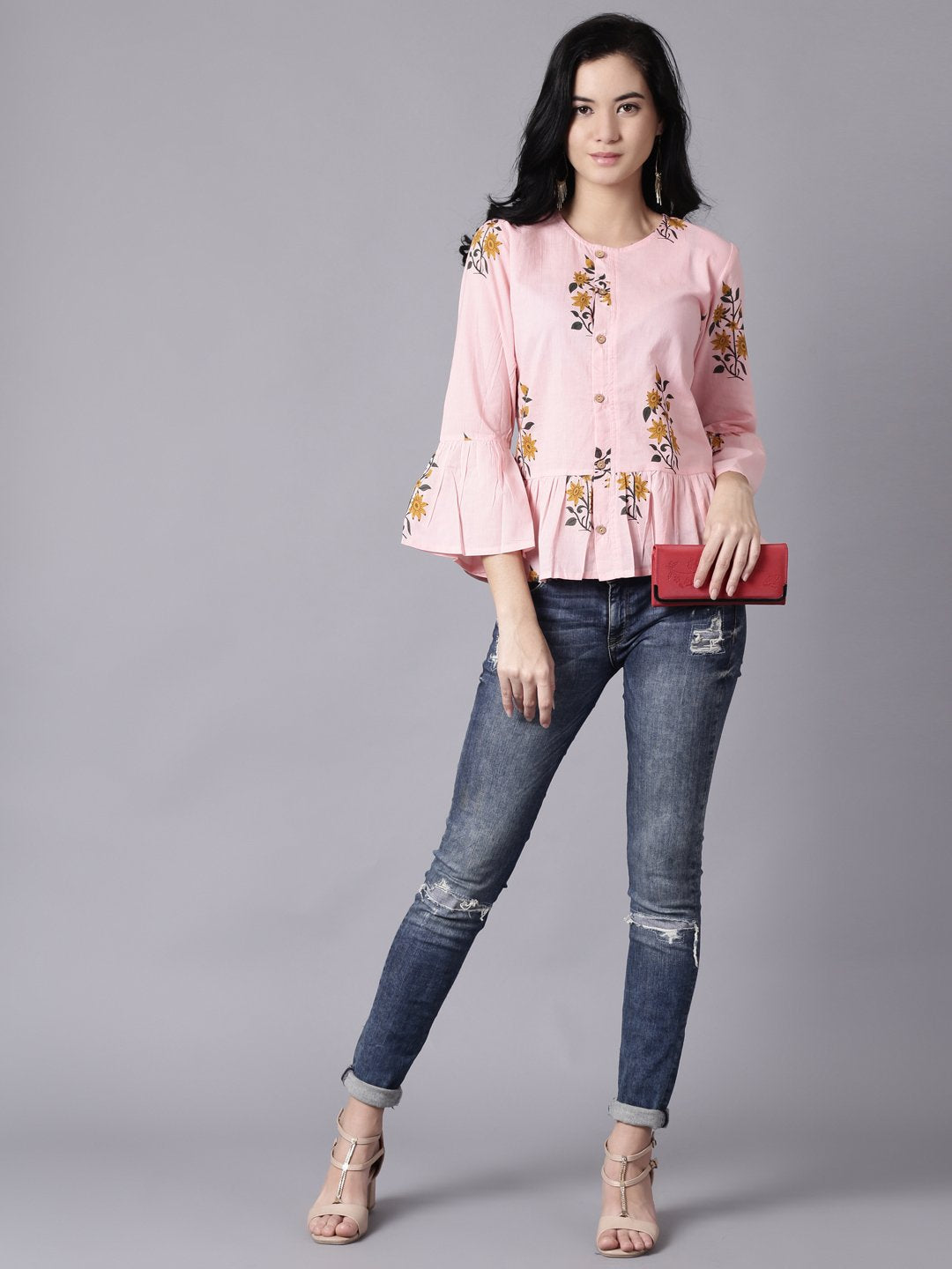 Women Baby Pink Casual Printed Round Neck Top | LASVINI - Redefining Indian Fashion with Elegance