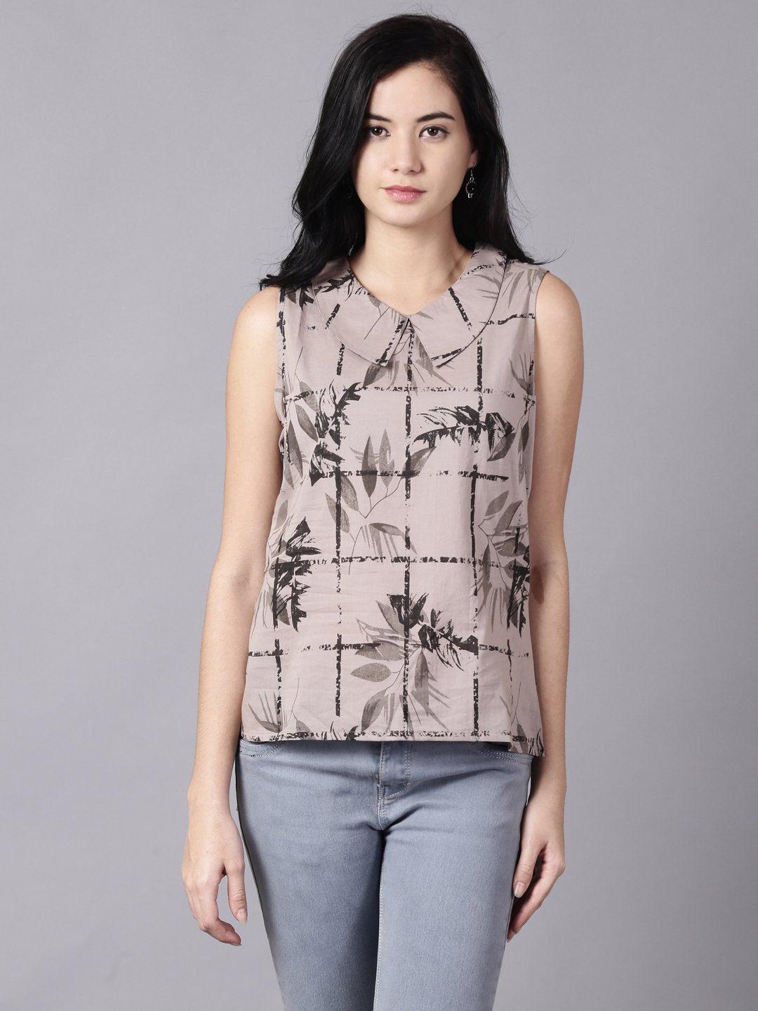 Women Grey Casual Printed Peter Pan Collar Top | LASVINI - Redefining Indian Fashion with Elegance