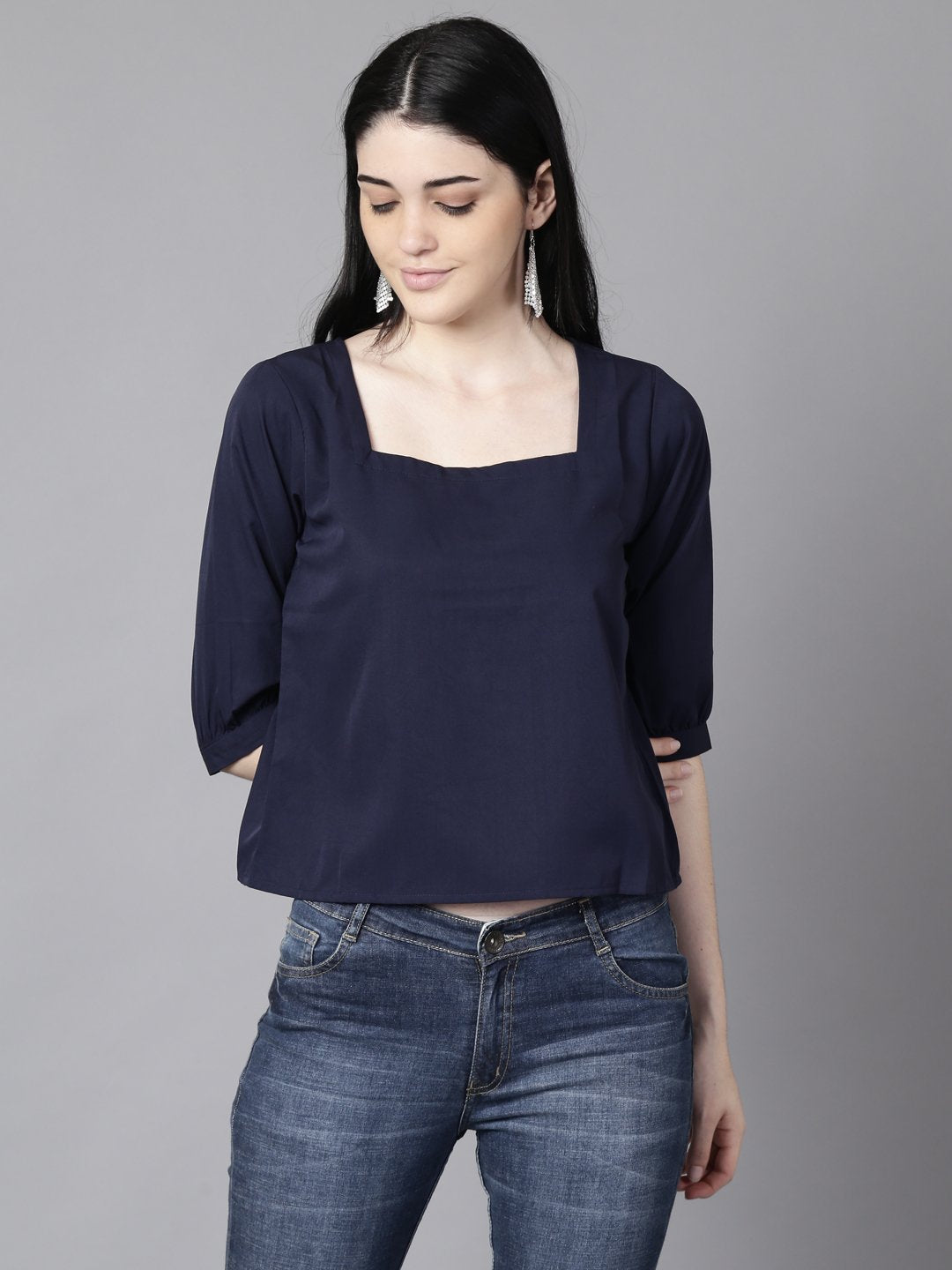 Women Navy Blue Casual Solid Square Neck Top | LASVINI - Redefining Indian Fashion with Elegance