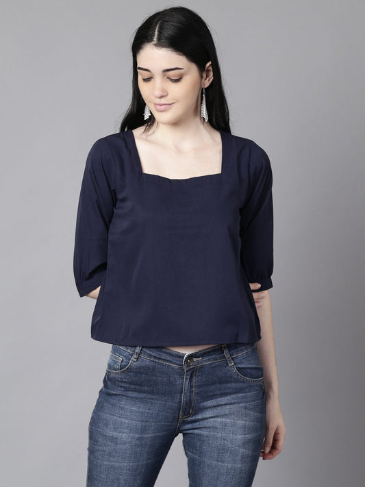 Women Navy Blue Casual Solid Square Neck Top | LASVINI - Redefining Indian Fashion with Elegance