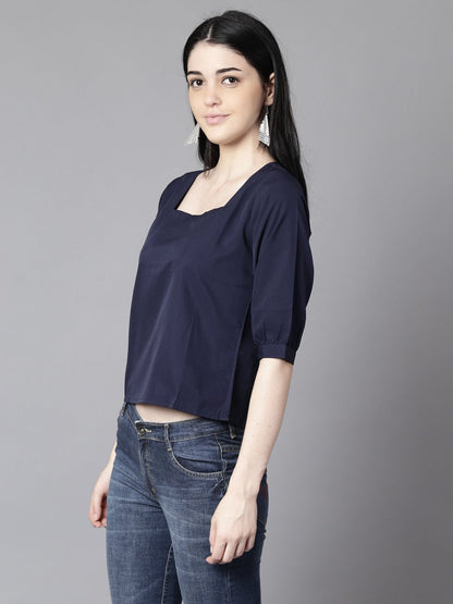 Women Navy Blue Casual Solid Square Neck Top | LASVINI - Redefining Indian Fashion with Elegance